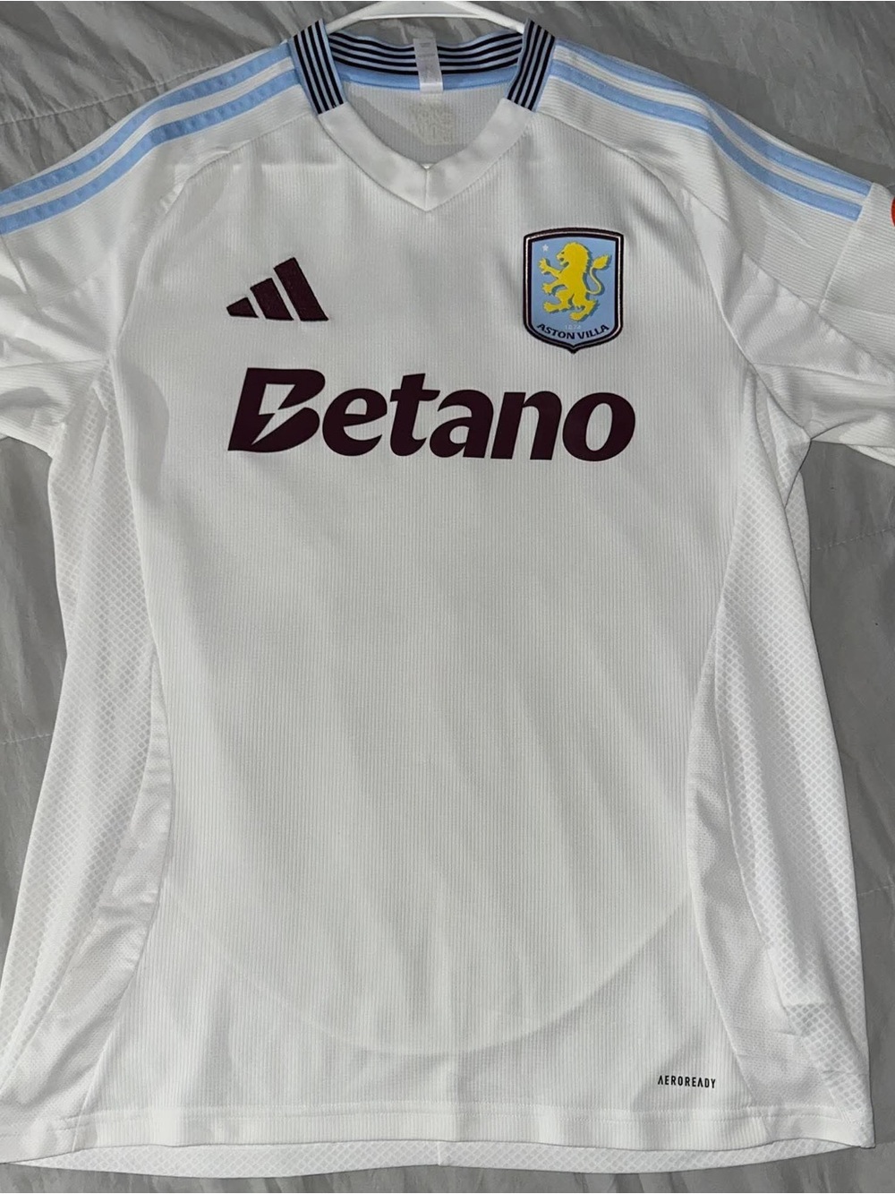 adidas Aston Villa Kids White Football Jersey with Light Blue Stripes
